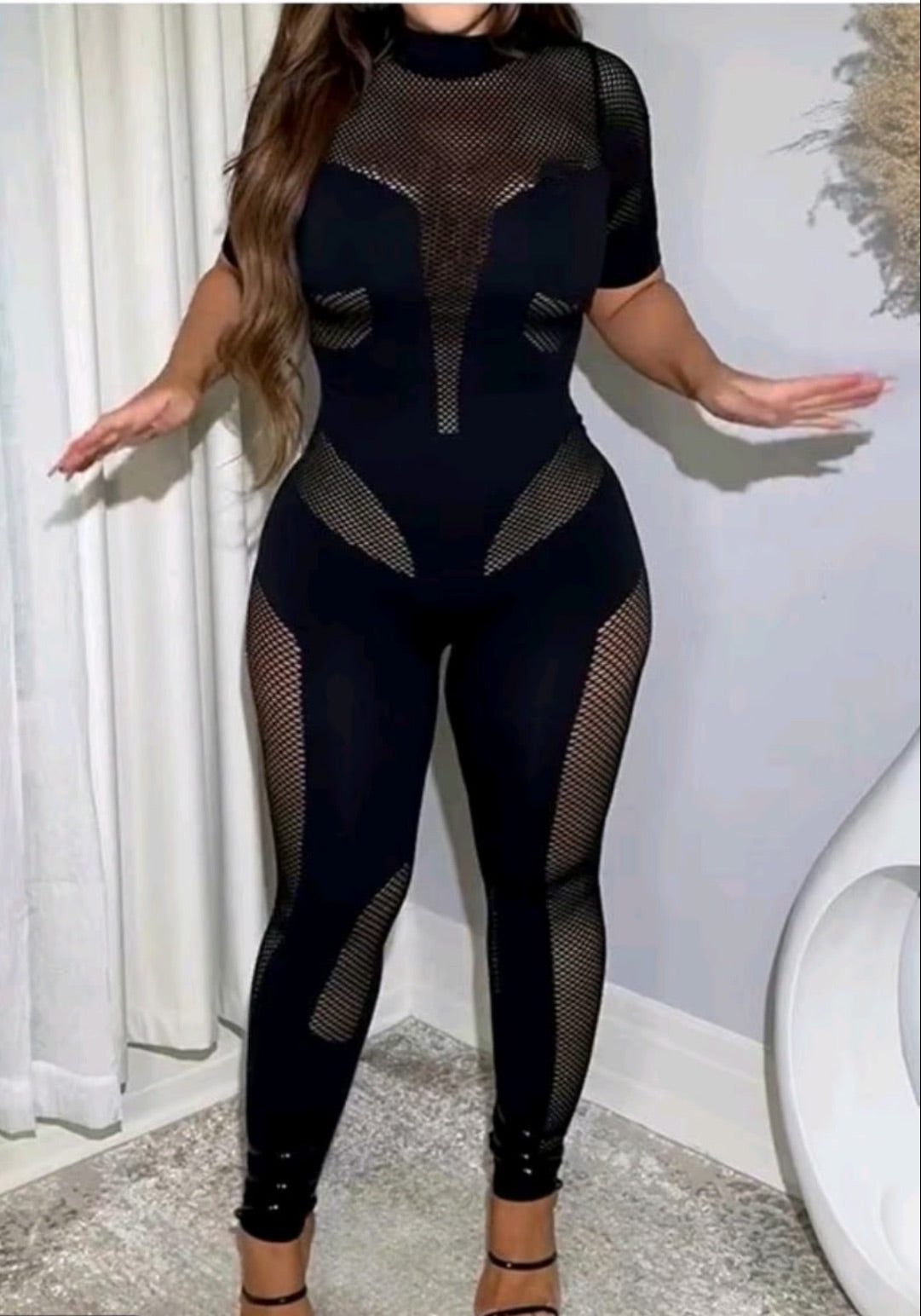 Coming Soon.   Black Knit Lace Bodycon Jumpsuit